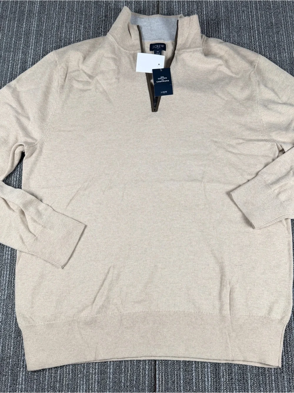 J Crew Sweater Mens Medium Tan Cotton Cashmere Blend 1/4 Zip Pullover Preppy